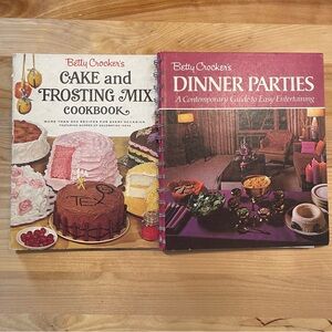 Betty Crocker cookbooks two, Cake and Frosting mix Cookbook and Dinner Parties